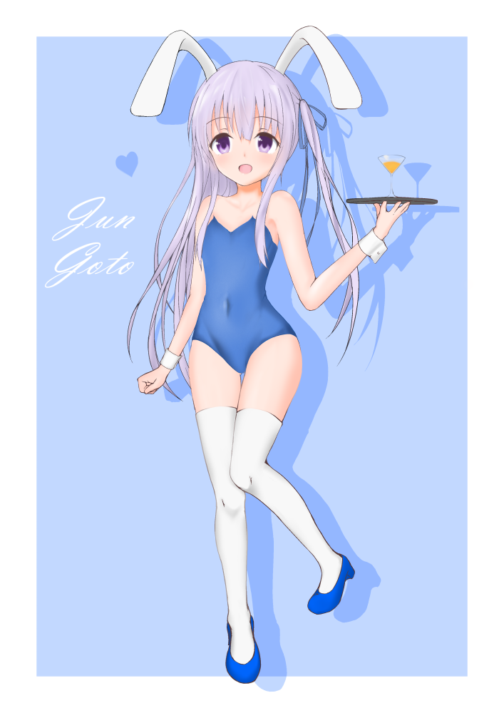 1girl, animal_ears, arm_up, bare_shoulders, blue_leotard, bunnysuit, character_name, covered_navel, fake_animal_ears, full_body, gotou_jun, holding, leotard, long_hair, open_mouth, purple_hair, rabbit_ears, ribbon, shoes, side_ponytail, smile, solo, standing, standing_on_one_leg, strapless, strapless_leotard, tenshi_no_3p!, thigh-highs, tray, violet_eyes, white_legwear