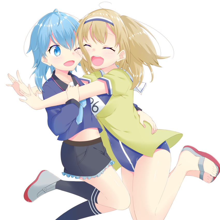 10s, 2girls, asymmetrical_hair, azu_a, blazer, blouse, blue_blouse, blue_eyes