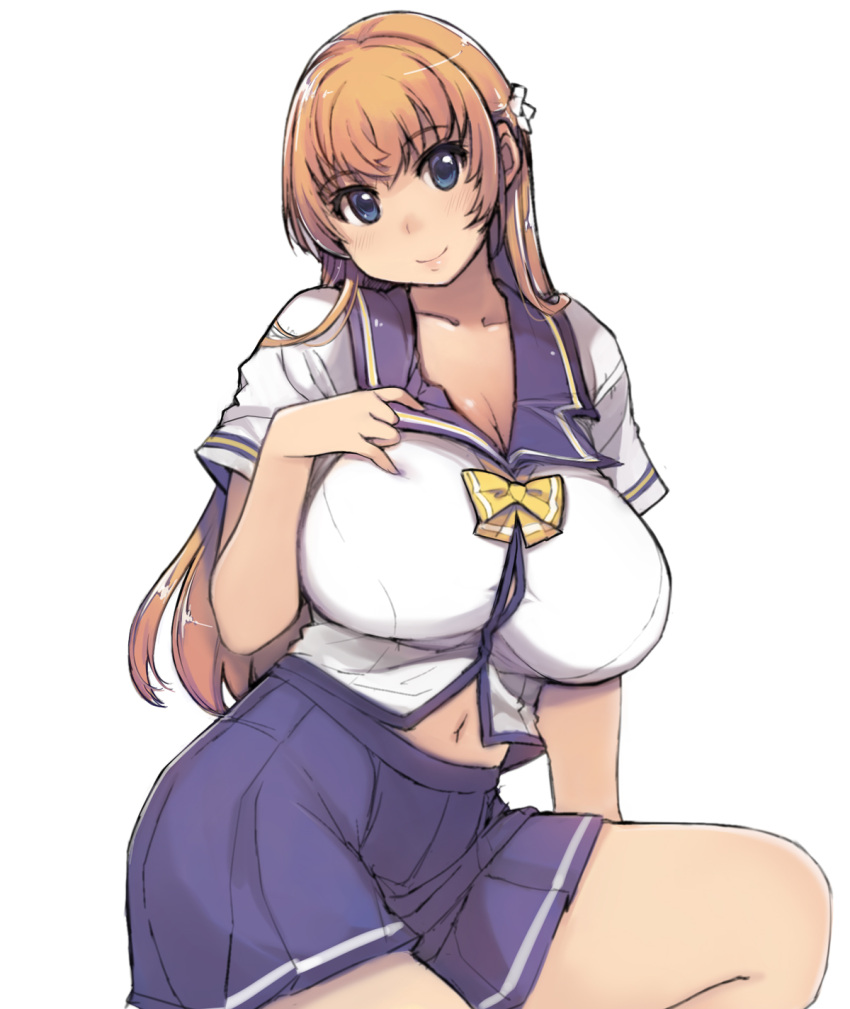1girl, blonde_hair, blue_eyes, blush, breasts, cleavage, highres, large_breasts