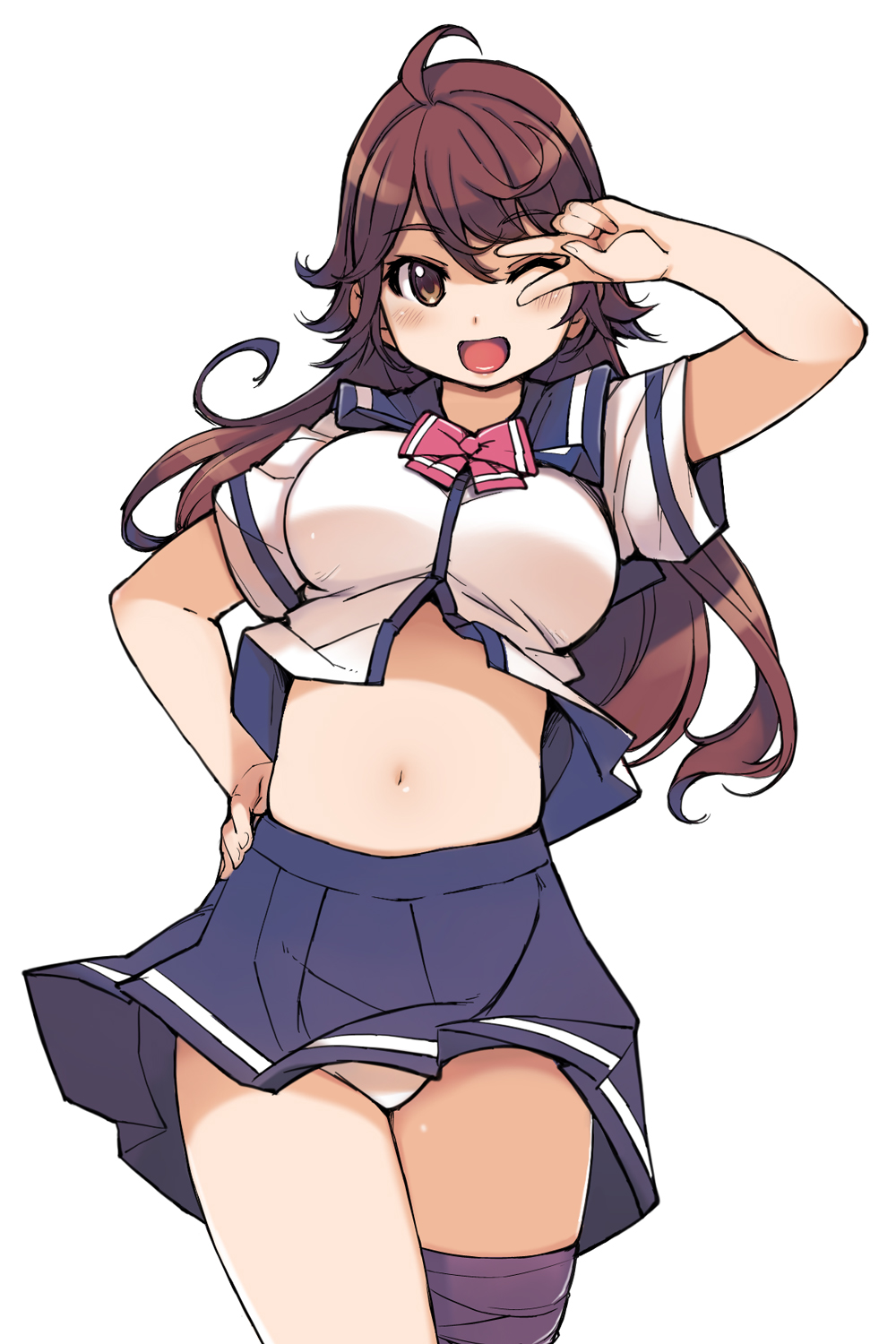 1girl, ;d, ahoge, blush, breasts, brown_eyes, brown_hair, hand_on_hip