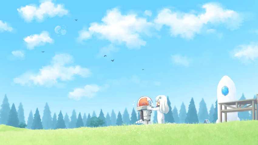 1girl, :d, ^_^, bird, blush, closed_eyes, clouds, commentary_request