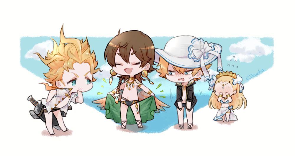 1girl, 3boys, alternate_costume, bikini, blonde_hair, blush, bracelet, braid