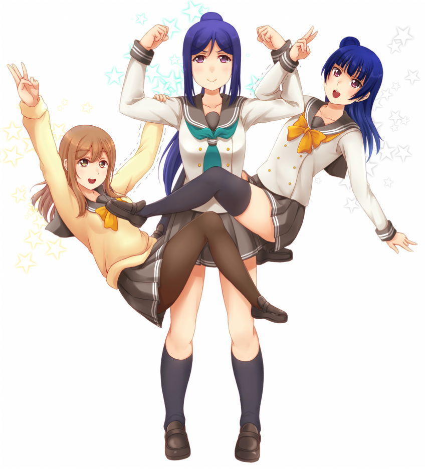 >:), 10s, 3girls, :d, ako_suke, arms_up, bangs, black_legwear