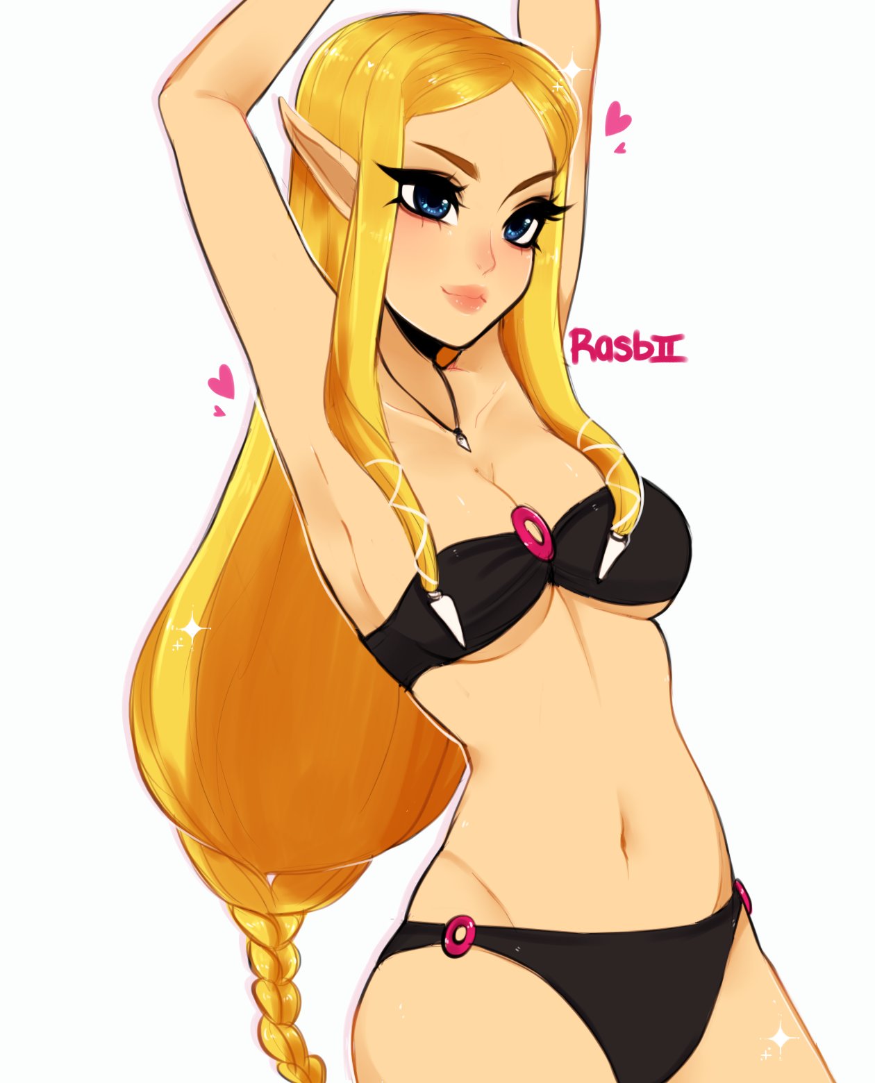 1girl, bikini, blonde_hair, blue_eyes, breasts, highres, long_hair, pointy_ears