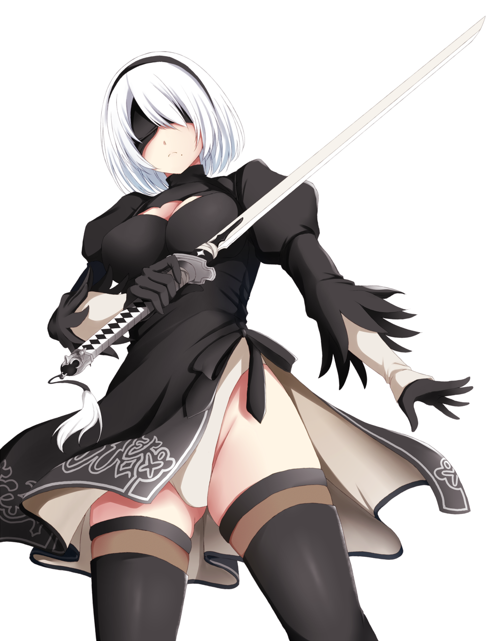 1girl, ako_suke, ass, black_dress, black_gloves, black_legwear, blindfold, breasts, closed_mouth, cowboy_shot, dress, frown, gloves, groin, hair_over_one_eye, hairband, head_tilt, highleg, highleg_leotard, highres, holding, holding_sword, holding_weapon, leotard, medium_breasts, mole, mole_under_eye, nier_(series), nier_automata, puffy_sleeves, simple_background, solo, sword, thigh-highs, weapon, white_background, white_hair, white_leotard, yorha_no._2_type_b