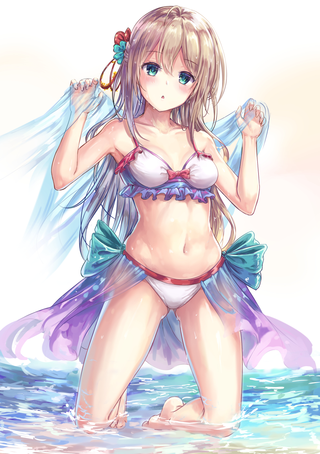 1girl, ahoge, bangs, bare_legs, bare_shoulders, barefoot, bikini, bikini_skirt
