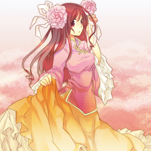 abitu, adjusting_hair, axis_powers_hetalia, brown_hair, changpao, chinese_clothes, dress, flower