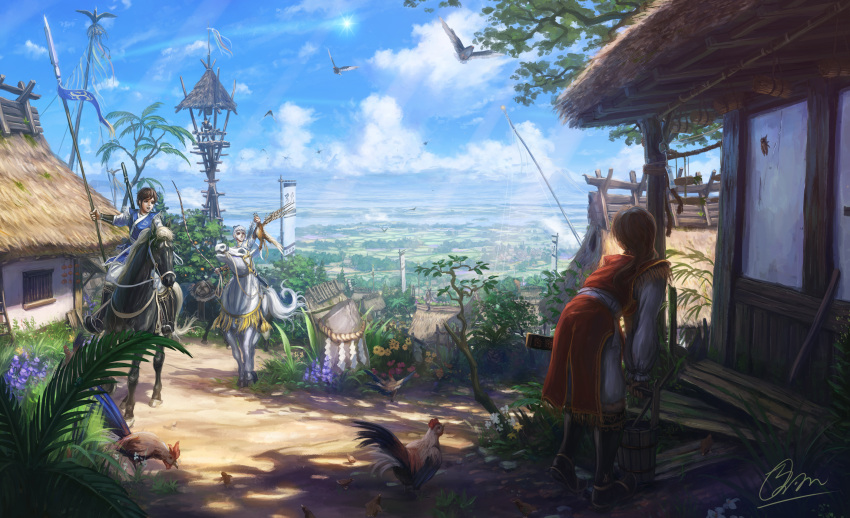 1girl, 2boys, animal, bending_forward, bent_over, bird, brown_hair, chicken