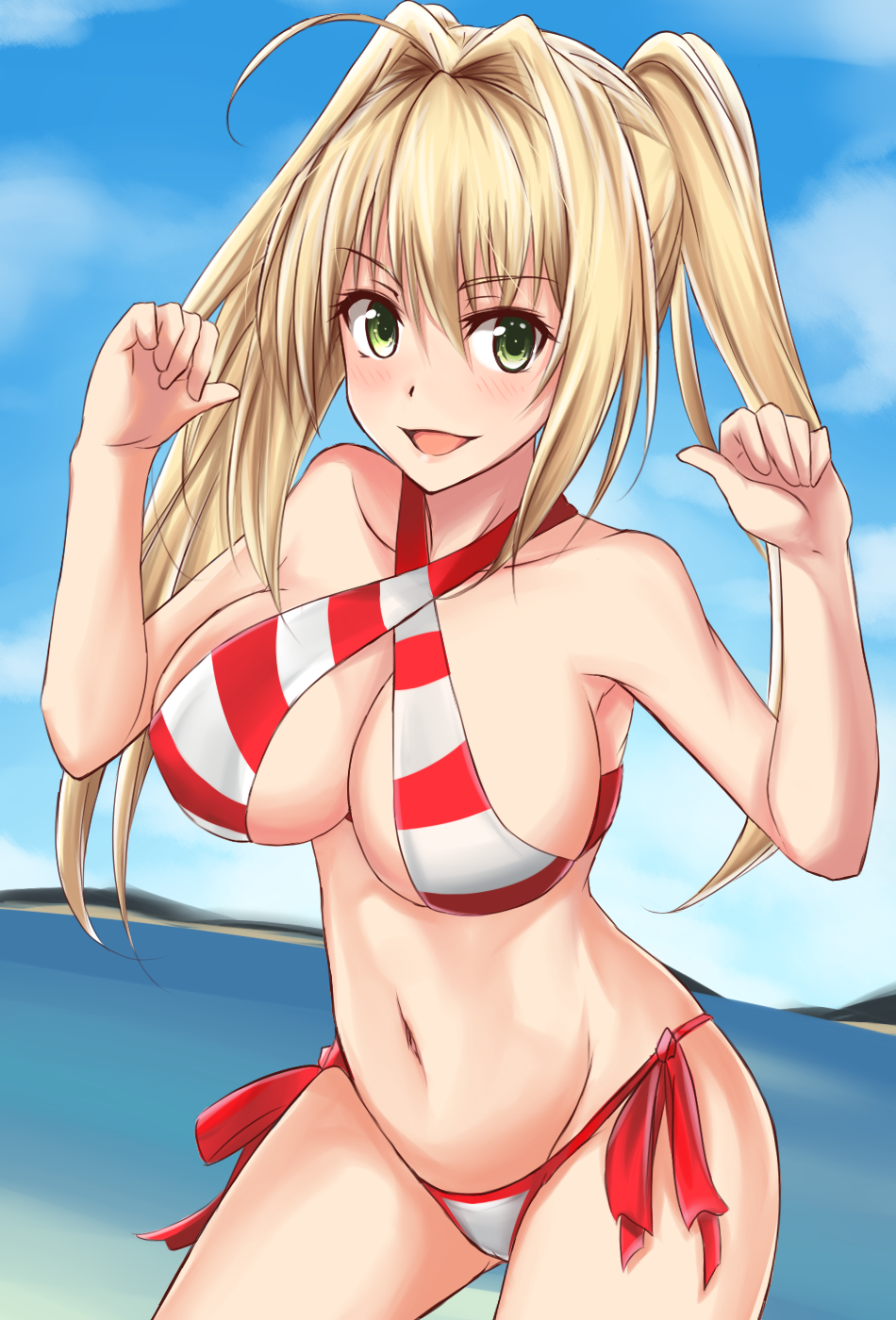 1girl, :d, ahoge, bikini, blonde_hair, breasts, cowboy_shot, day