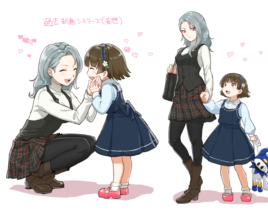 2girls, bag, black_legwear, bookbag, boots, brown_hair, dress, grey_hair