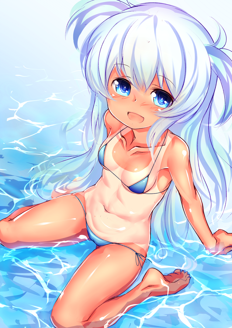 1girl, :d, baikamo_(flower_knight_girl), bikini, blue_bikini, blue_eyes, blush, breasts