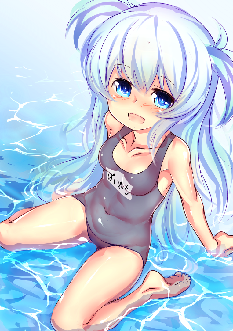 1girl, :d, baikamo_(flower_knight_girl), blue_eyes, blue_swimsuit, blush, breasts, collarbone