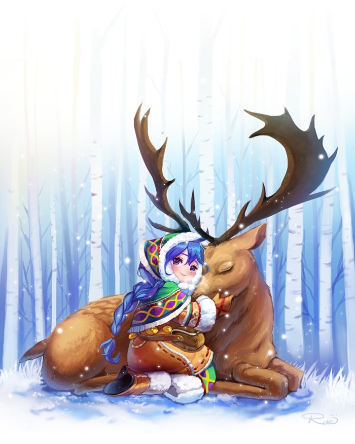 1girl, ahoge, artist_name, birch, blush, boots, braid, brown_boots