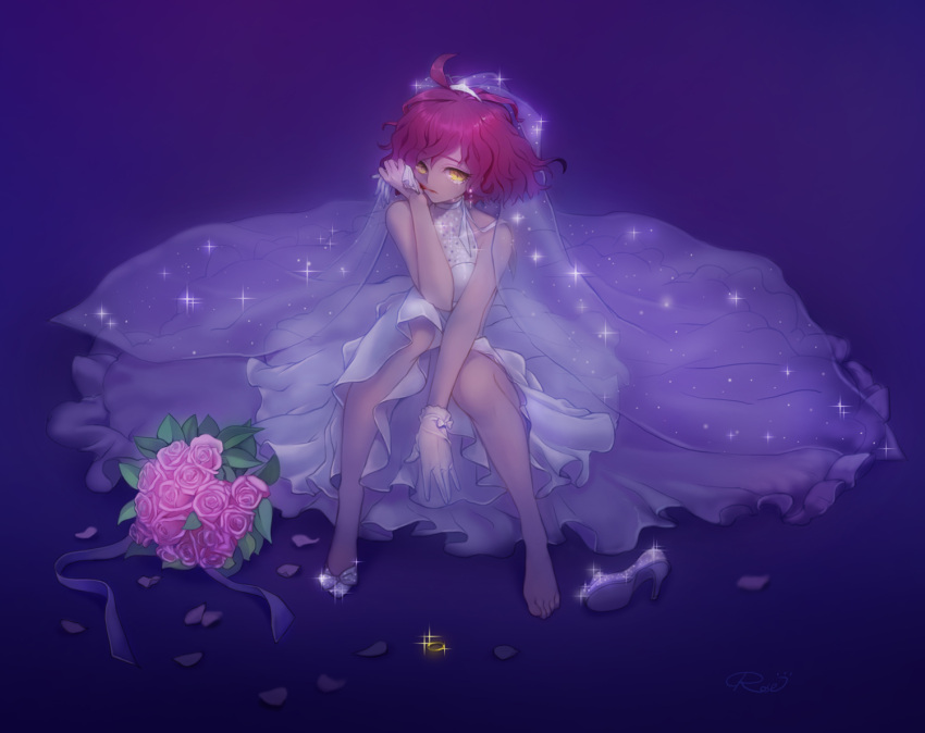 1girl, ahoge, blood, bouquet, dress, flower, glass_slipper, gloves