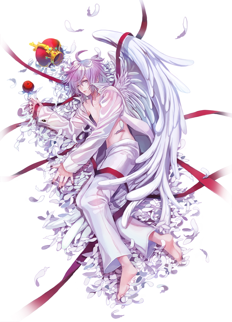 1boy, ahoge, angel, apple, barefoot, black_nails, crown_removed, flower, food, fruit, full_body, lying, male_focus, nail_polish, navel, nipples, on_side, original, pants, purple_hair, red_ribbon, ribbon, rrose, side_glance, violet_eyes, white_feathers, white_pants, white_wings, wings
