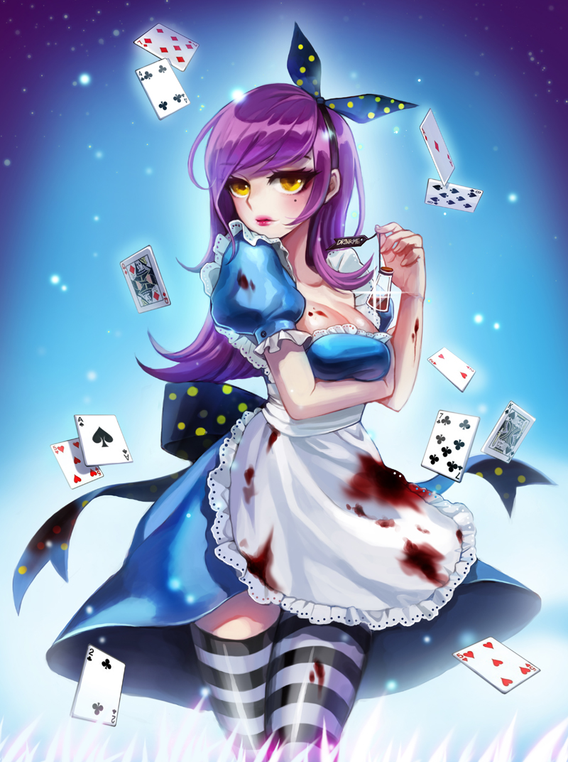 1girl, ace_of_diamonds, ace_of_spades, alice_(wonderland), alice_in_wonderland, apron, black_legwear, blood