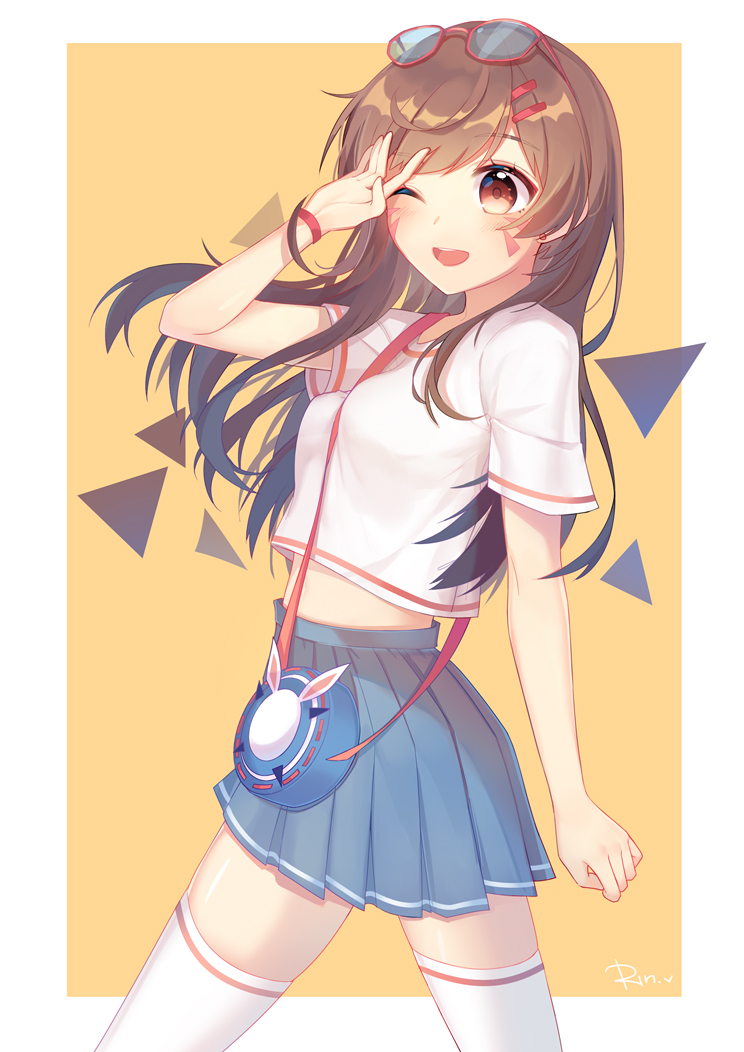 1girl, animal_print, arm_up, between_breasts, blue_skirt, breasts, brown_eyes, brown_hair