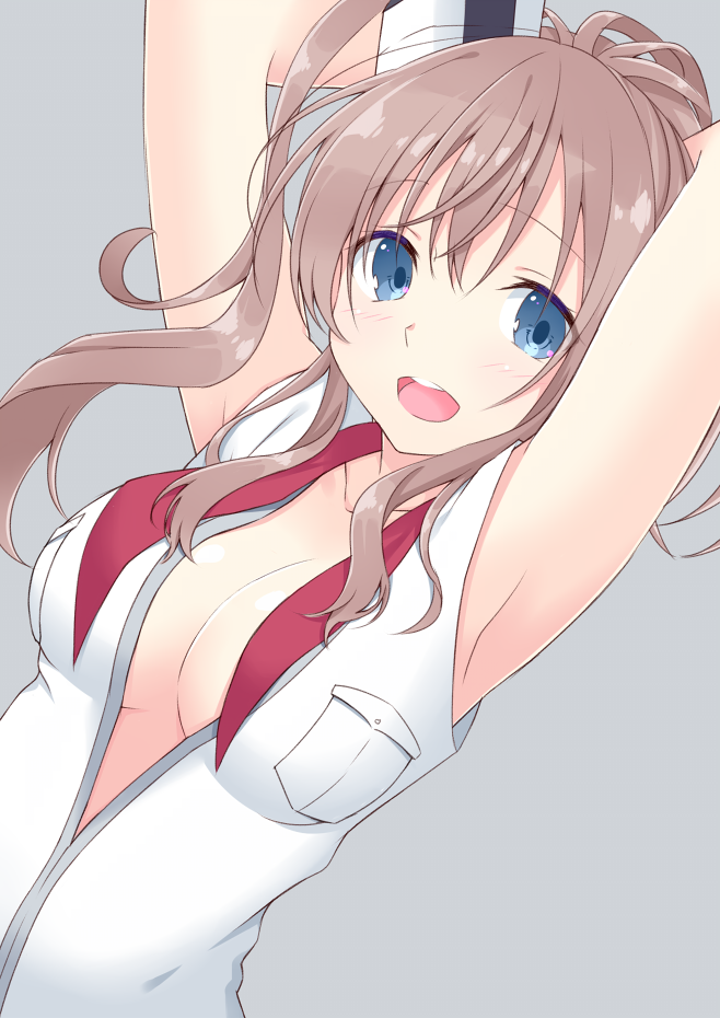 10s, 1girl, azu_a, blue_eyes, breast_pocket, breasts, brown_hair, dress, grey_background, hair_between_eyes, hair_ornament, kantai_collection, long_hair, looking_at_viewer, medium_breasts, neckerchief, open_clothes, pocket, ponytail, red_neckerchief, saratoga_(kantai_collection), side_ponytail, simple_background, solo, upper_body, white_dress