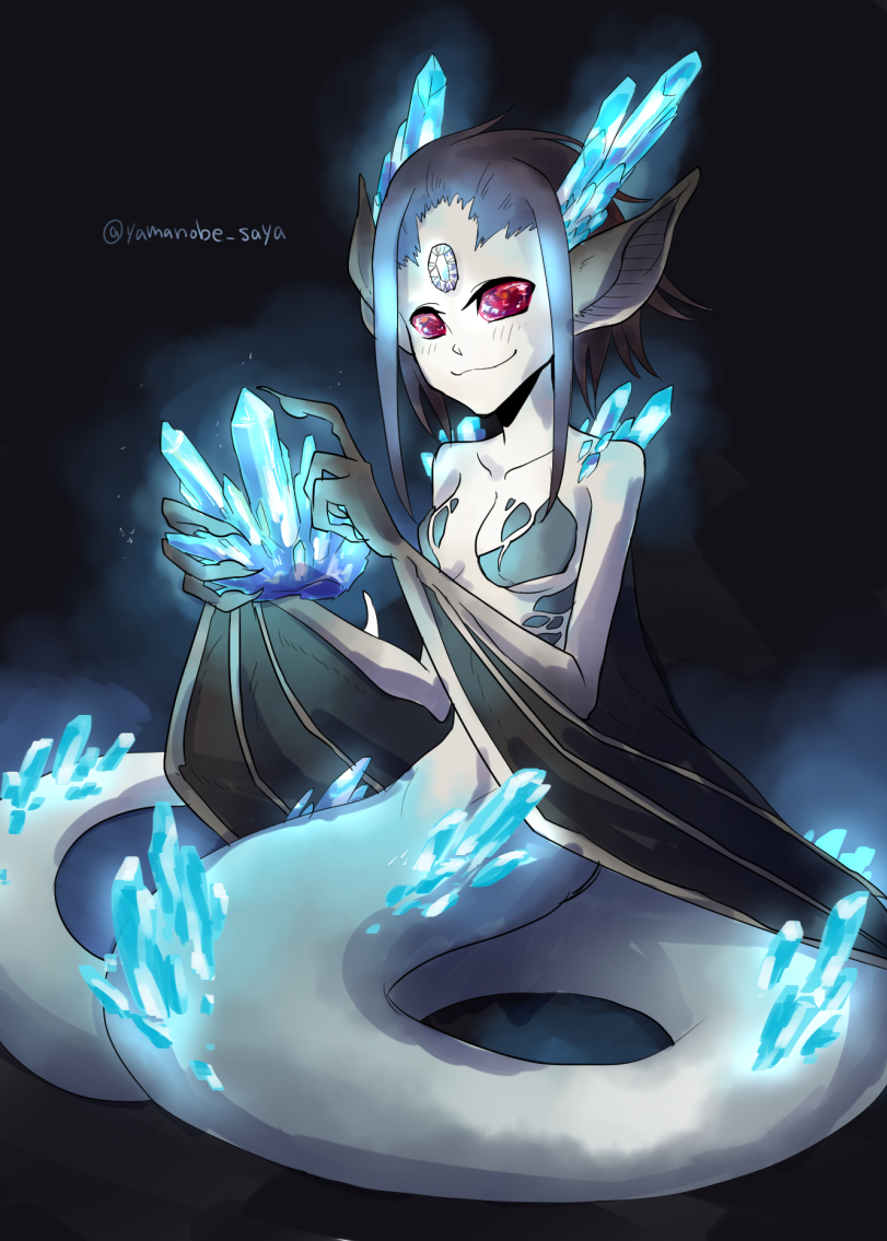 1girl, :3, bat_ears, bat_wings, blank_eyes, breasts, crystal, forehead_jewel