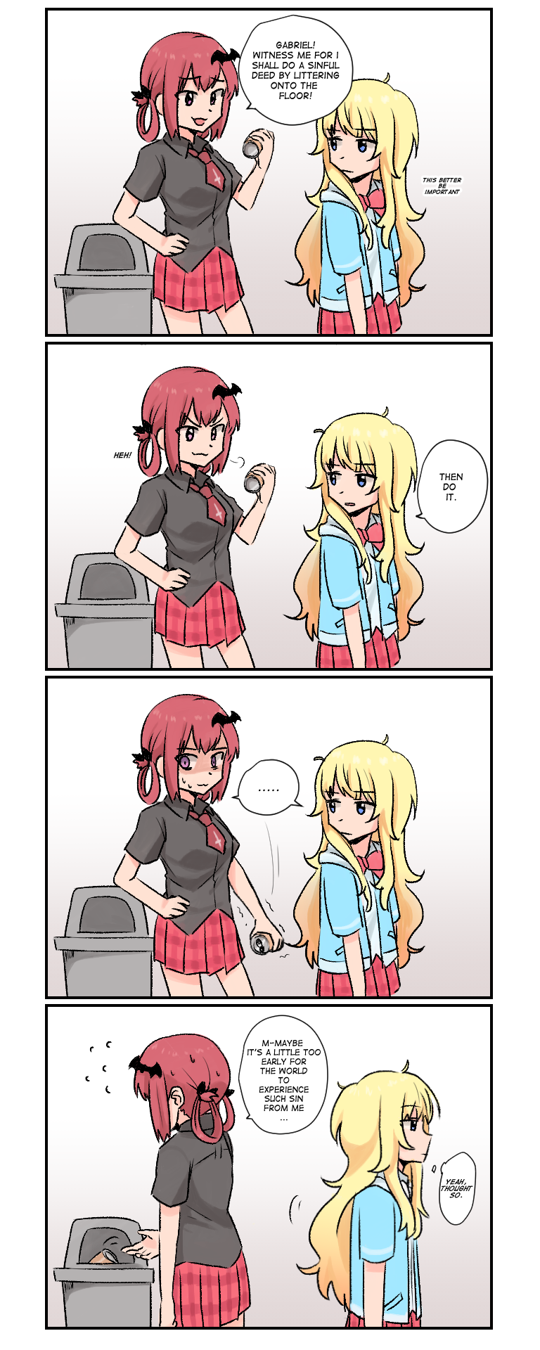 2girls, 4koma, :3, :d, ahoge, bangs, bat_hair_ornament, black_skirt