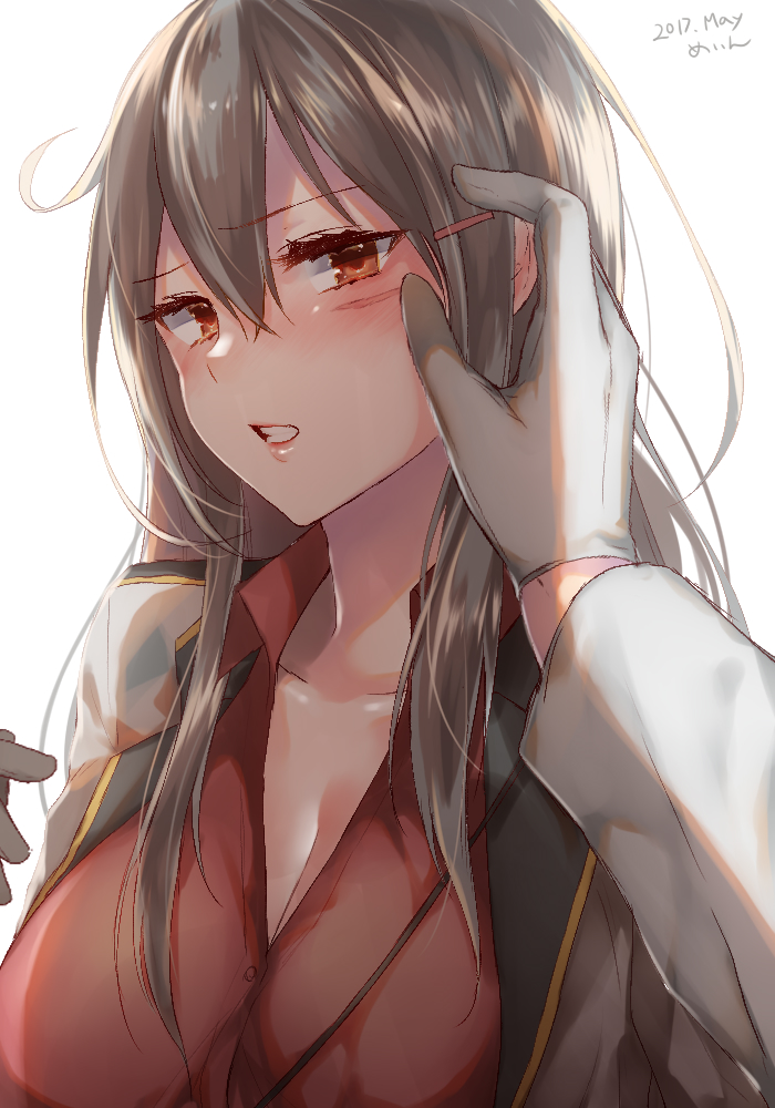 10s, 1girl, blouse, blush, breasts, collarbone, gangut_(kantai_collection), hair_between_eyes, hair_ornament, hairclip, interacting_with_viewer, kantai_collection, large_breasts, lips, long_hair, looking_at_viewer, parted_lips, red_blouse, red_eyes, sakiryo_kanna, scar, shiny, shiny_clothes, shiny_skin, sidelocks, silver_hair, unbuttoned
