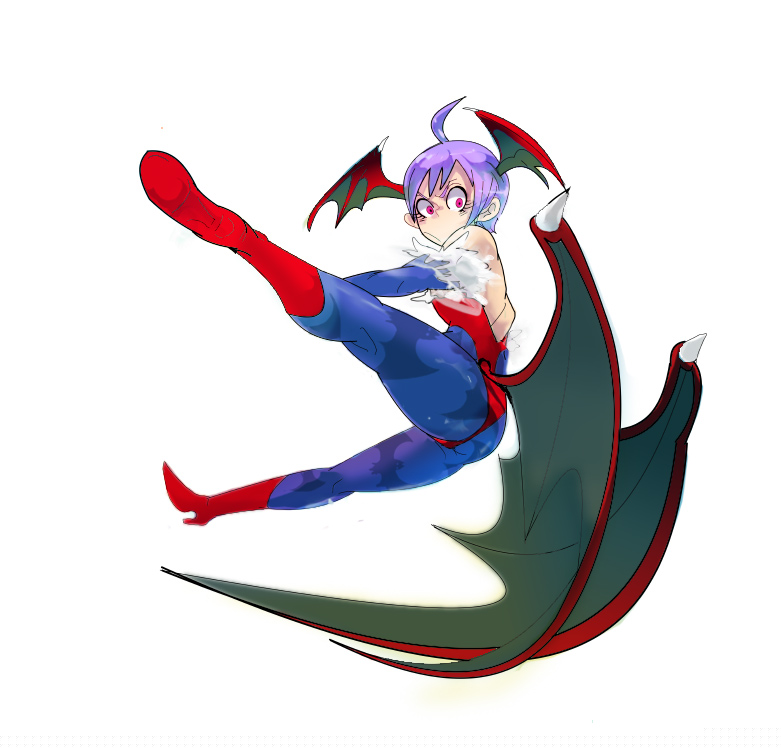 1girl, ahoge, ass, bad_id, bat_wings, demon_girl, dengaku_ame, headwings, leotard, lilith_aensland, pantyhose, purple_hair, red_eyes, short_hair, succubus, tights, vampire_(game), wings