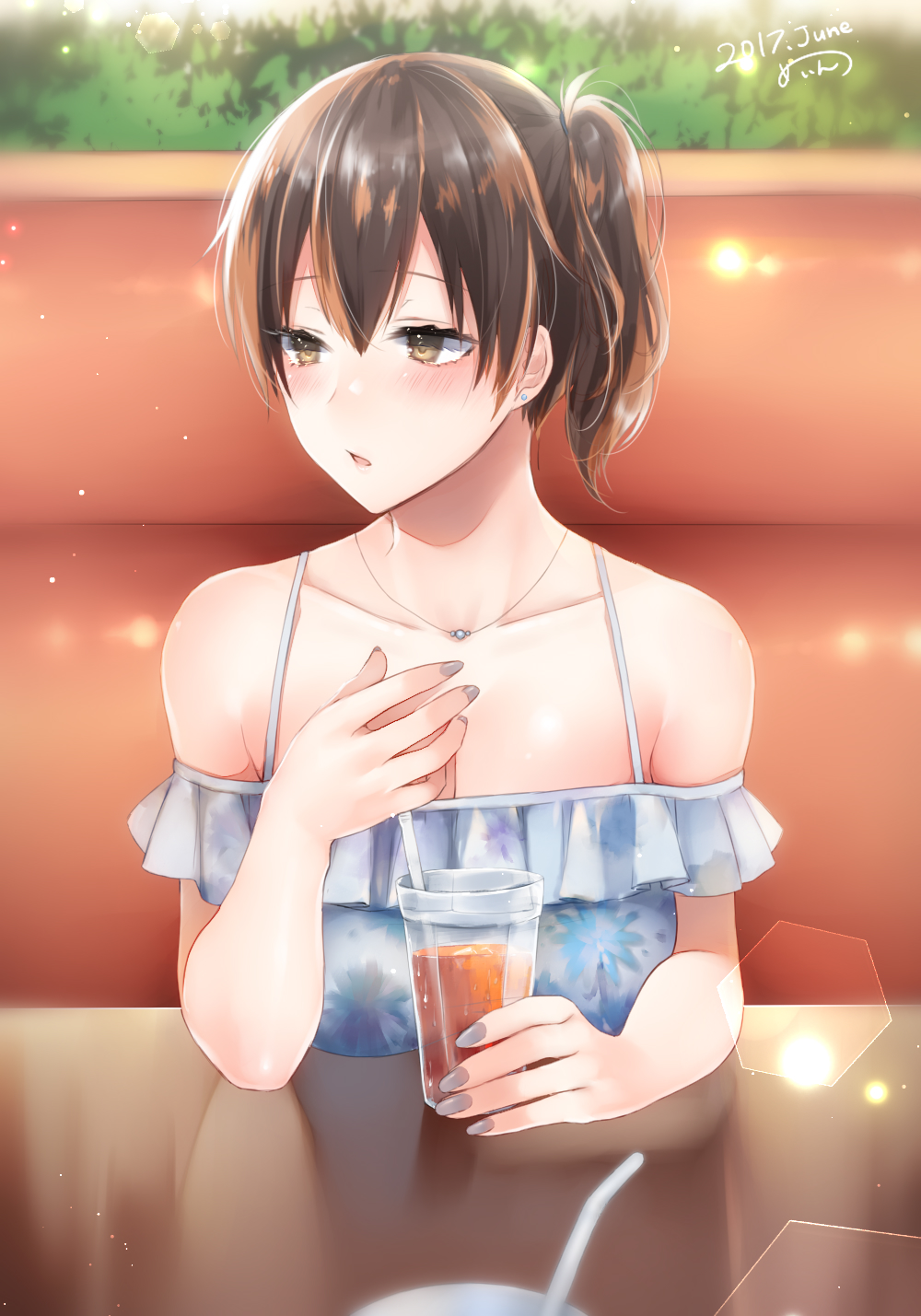 10s, 1girl, alternate_costume, bare_shoulders, blue_dress, blush, breasts, brown_eyes