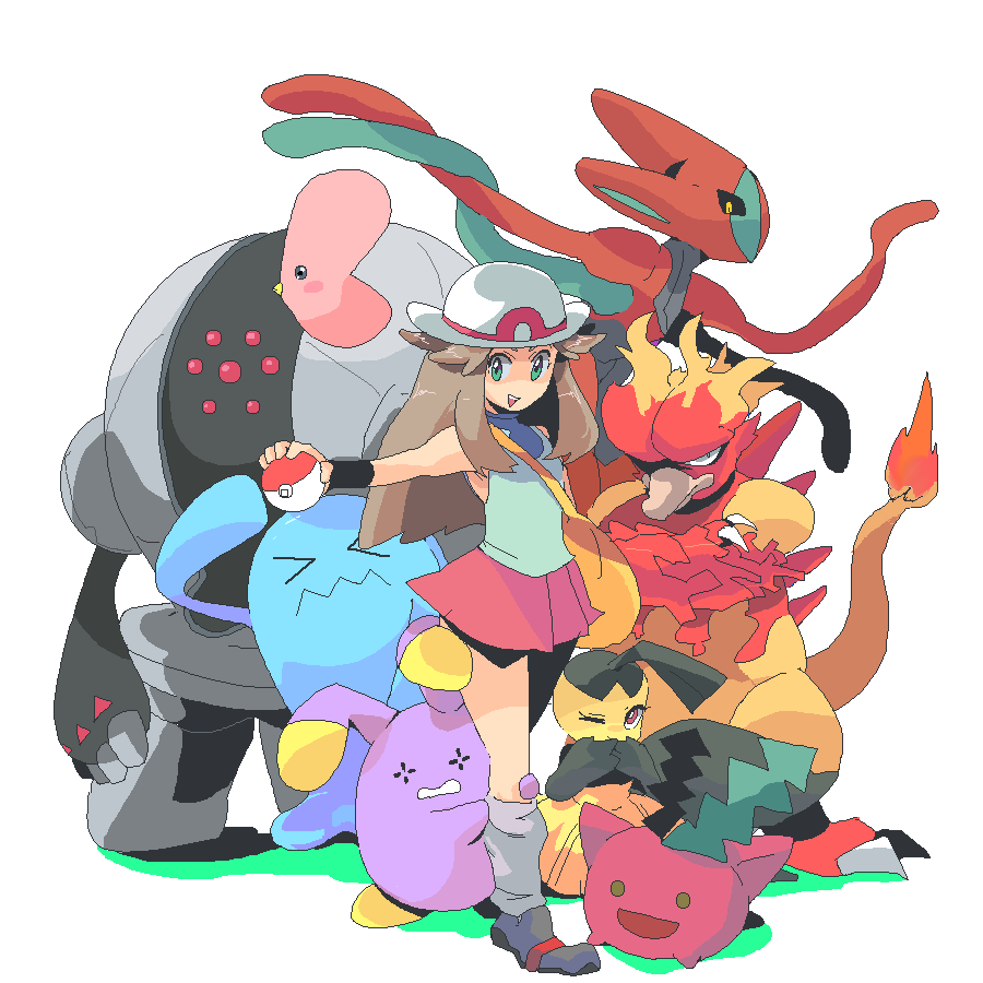 1girl, alternate_form, bag, blue_(pokemon), brown_hair, dengaku_ame, deoxys, green_eyes, hat, holding, holding_poke_ball, hoppip, luvdisc, magmar, mawile, miniskirt, poke_ball, pokemon, pokemon_(creature), pokemon_(game), pokemon_frlg, registeel, shoes, skirt, smile, socks, standing, tank_top, whismur, wink, wobbuffet