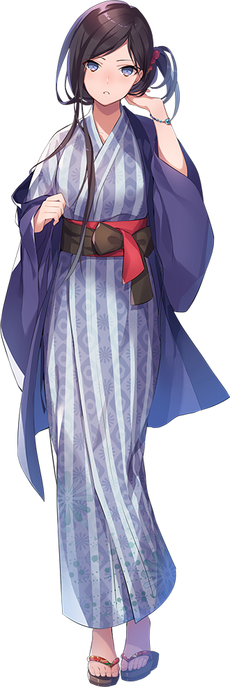 1girl, artist_request, black_hair, bracelet, folded_hair, full_body, grey_eyes, hand_in_hair, iyo_matsuyama_(oshiro_project), japanese_clothes, jewelry, long_hair, official_art, oshiro_project, oshiro_project_re, transparent_background, very_long_hair