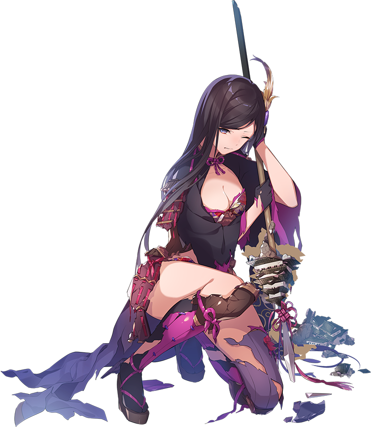 1girl, ;(, artist_request, bangs, black_gloves, black_hair, breasts, broken_spear, cleavage, full_body, gloves, grey_eyes, hair_ornament, holding, holding_spear, holding_weapon, iyo_matsuyama_(oshiro_project), kneeling, large_breasts, long_hair, official_art, oshiro_project, oshiro_project_re, parted_bangs, polearm, spear, torn_clothes, transparent_background, very_long_hair, weapon