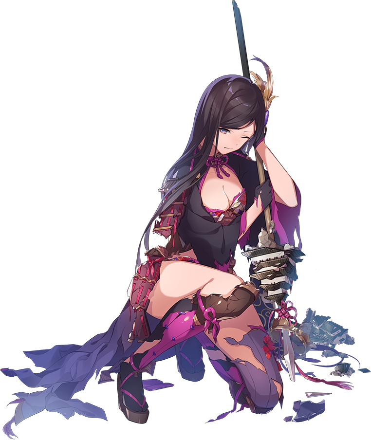 1girl, ;(, artist_request, bangs, black_gloves, black_hair, breasts, broken_spear, cleavage, full_body, gloves, grey_eyes, hair_ornament, holding, holding_spear, holding_weapon, iyo_matsuyama_(oshiro_project), kneeling, large_breasts, long_hair, official_art, oshiro_project, oshiro_project_re, parted_bangs, polearm, spear, torn_clothes, transparent_background, very_long_hair, weapon