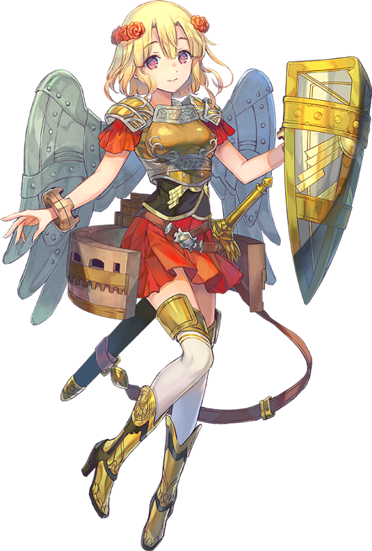 1girl, armor, azutarou, blonde_hair, castel_sant'angelo_(oshiro_project), flower, full_body, hair_flower, hair_ornament, holding_shield, official_art, oshiro_project, oshiro_project_re, pleated_skirt, red_eyes, red_skirt, sheath, sheathed, shield, skirt, sword, thigh-highs, transparent_background, wavy_hair, weapon, white_legwear, wings