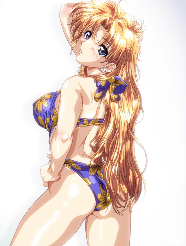1girl, arm_up, ass, bikini, blonde_hair, blue_eyes, cowboy_shot, earrings