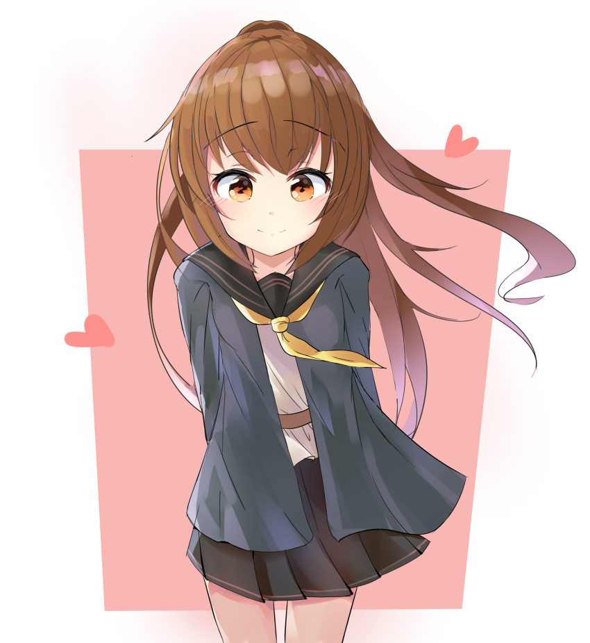10s, 1girl, arms_behind_back, black_sailor_collar, black_skirt, blue_jacket, blush, brown_eyes