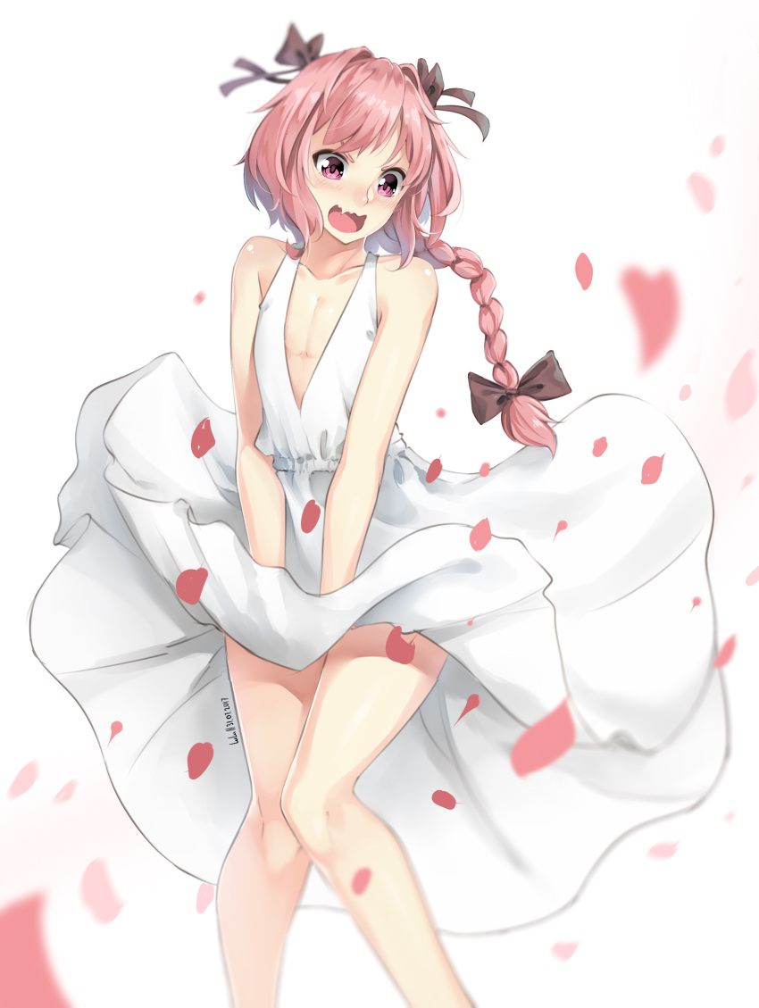 1boy, absurdres, androgynous, astolfo_(fate), black_bow, blush, bow, braid