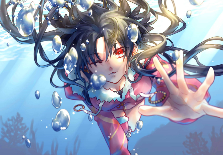 1girl, ;), air_bubble, black_hair, breasts, bubble, dress, earrings, fate/grand_order, fate_(series), foreshortening, fur_trim, highres, hoop_earrings, ishtar_(fate/grand_order), jewelry, long_hair, long_sleeves, looking_at_viewer, medium_breasts, one_eye_closed, parted_lips, pink_dress, pink_legwear, reaching_out, red_eyes, short_dress, single_thighhigh, smile, solo, thigh-highs, tohsaka_rin, two_side_up, underwater, yuu+1