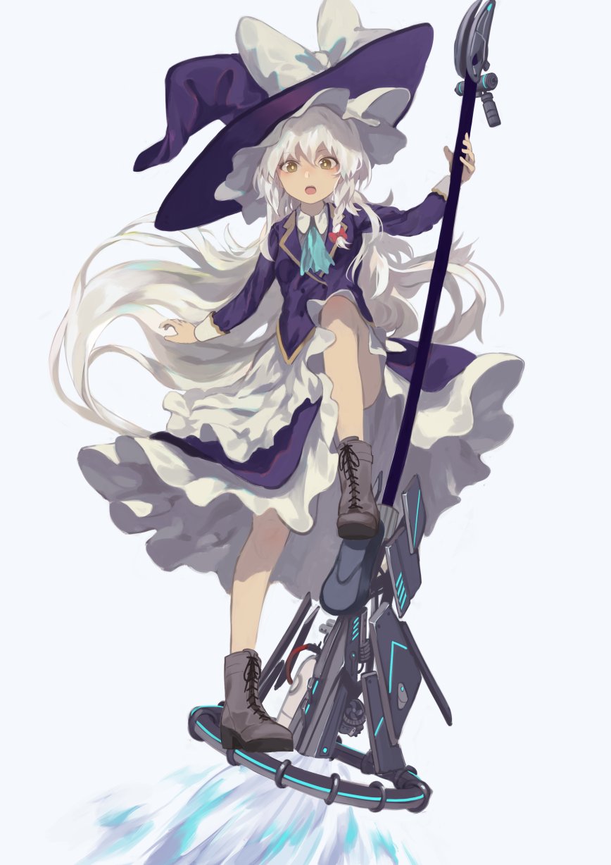 1girl, berabou, boots, bow, braid, broom, broom_riding, character_request