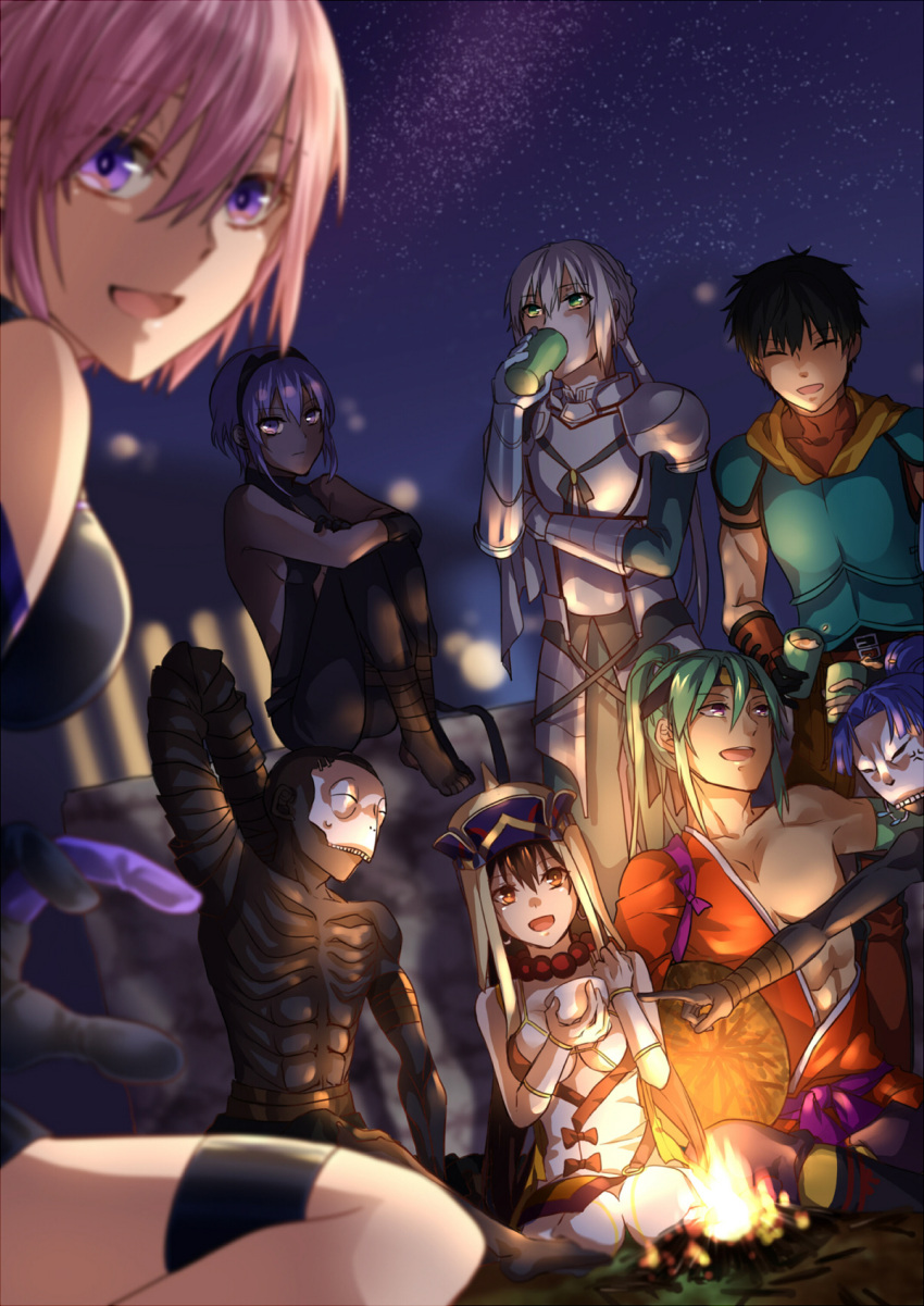 4boys, 4girls, :d, ^_^, abs, anger_vein, archer_(fate/prototype_fragments), armor