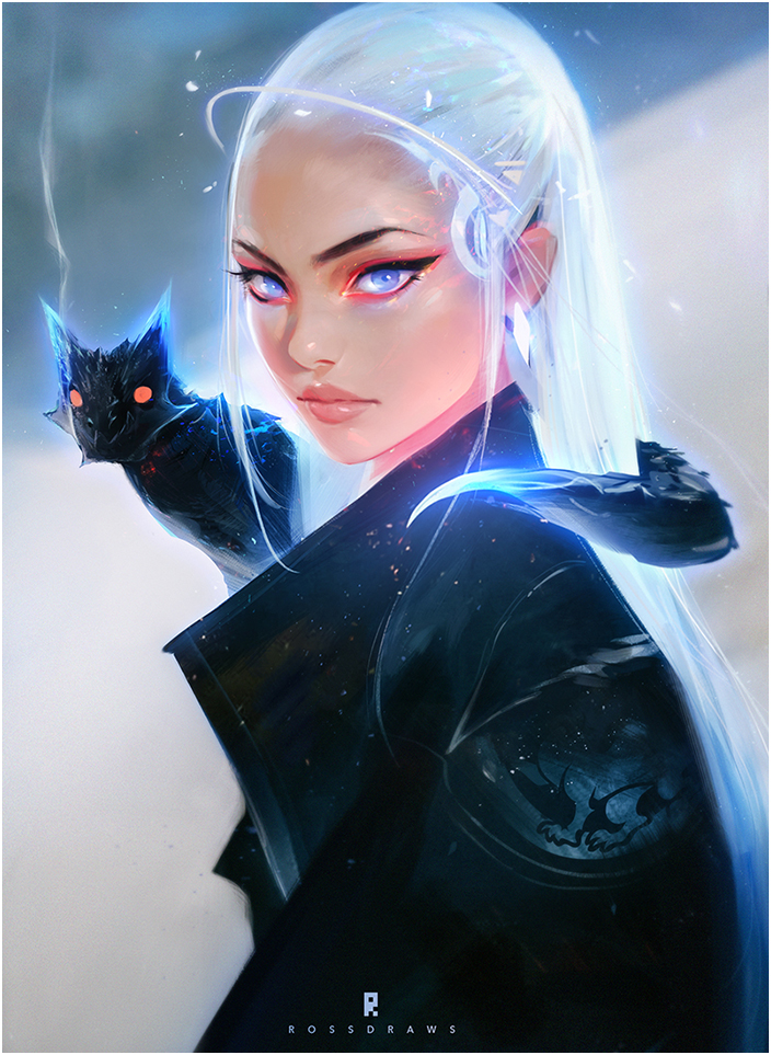 1girl, a_song_of_ice_and_fire, blue_eyes, daenerys_targaryen, dragon, dragon_on_shoulder, eyebrows, eyelashes