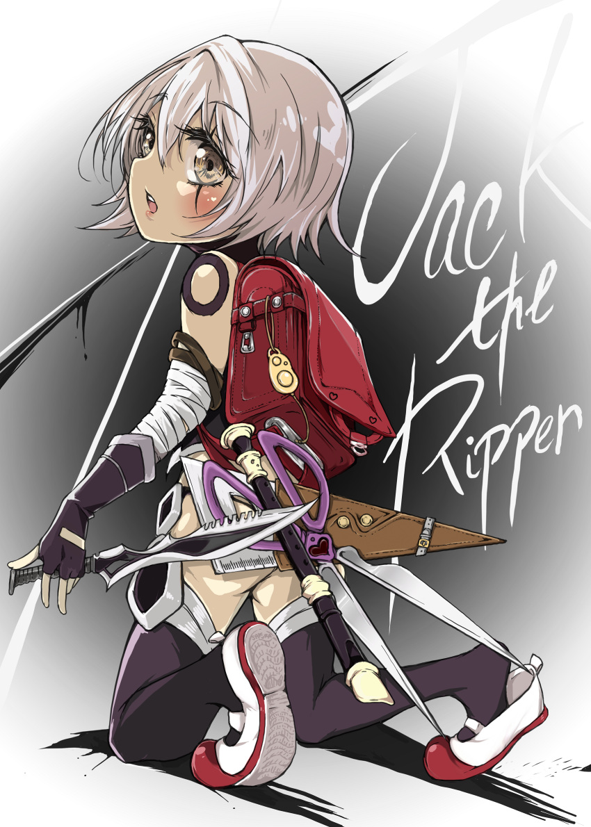 1girl, assassin_of_black, backpack, bag, bandage, bandaged_arm, bare_shoulders, black_legwear, black_panties, blush, child, fate/apocrypha, fate/grand_order, fate_(series), flute, gloves, green_eyes, highres, instrument, looking_at_viewer, open_mouth, panties, panyatteria, randoseru, recorder, scar, school_bag, scissors, short_hair, silver_hair, solo, thigh-highs, underwear, younger