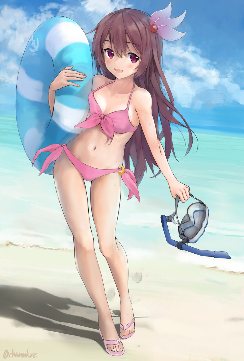 10s, 1girl, absurdres, beach, bikini, brown_hair, chamu_(chammkue), clouds, crescent, crescent_moon_pin, diving_mask, diving_mask_removed, front-tie_top, full_body, hair_ornament, highres, innertube, kantai_collection, kisaragi_(kantai_collection), long_hair, looking_at_viewer, navel, open_mouth, outdoors, pink_bikini, sandals, side-tie_bikini, sky, snorkel, solo, standing, swimsuit, twitter_username, violet_eyes