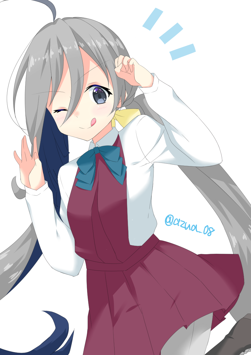 10s, 1girl, azu_a, cowboy_shot, grey_eyes, grey_hair, grey_legwear, hair_between_eyes