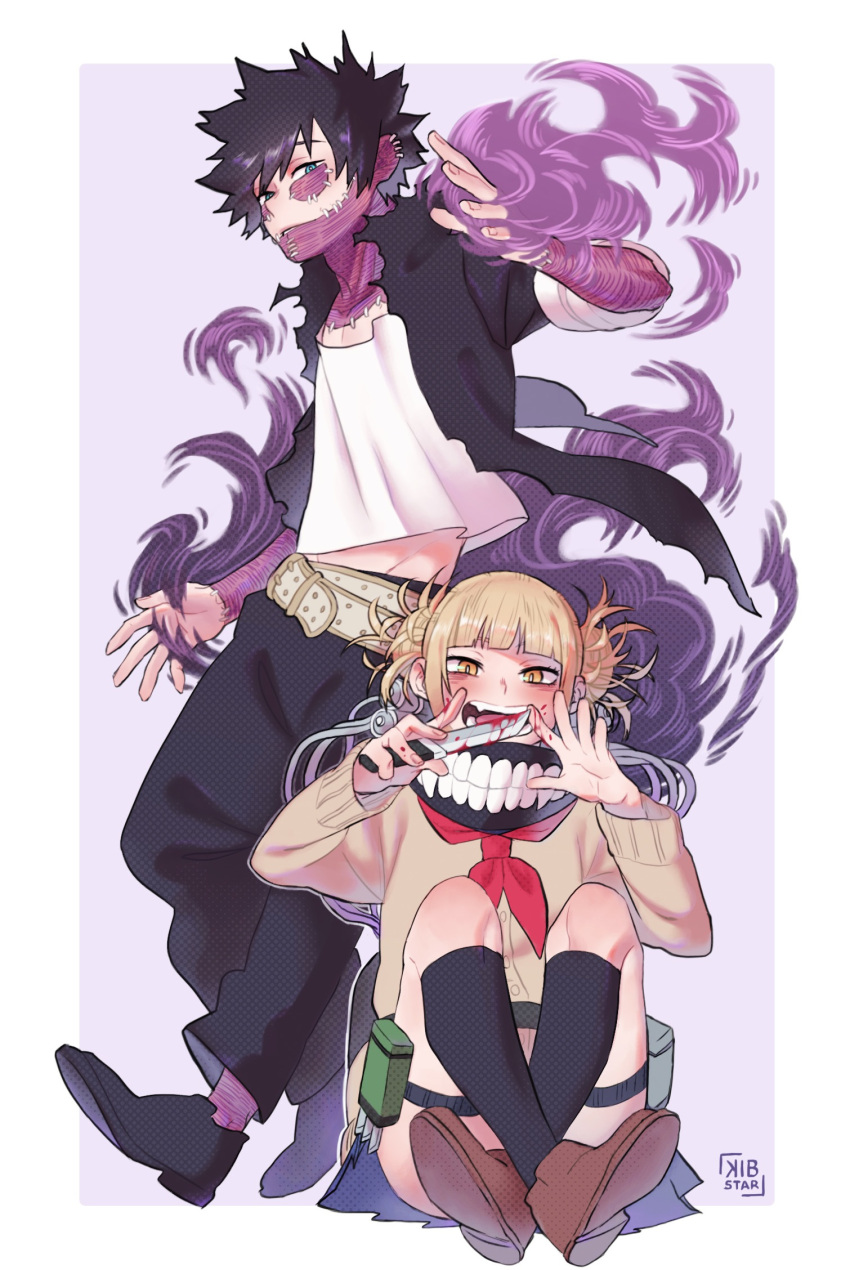 1boy, 1girl, :d, baggy_pants, bangs, belt, black_hair, black_pants