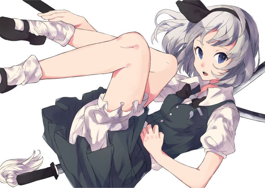 1girl, adjusting_clothes, adjusting_legwear, bangs, black_bow, black_bowtie, black_ribbon, black_shoes
