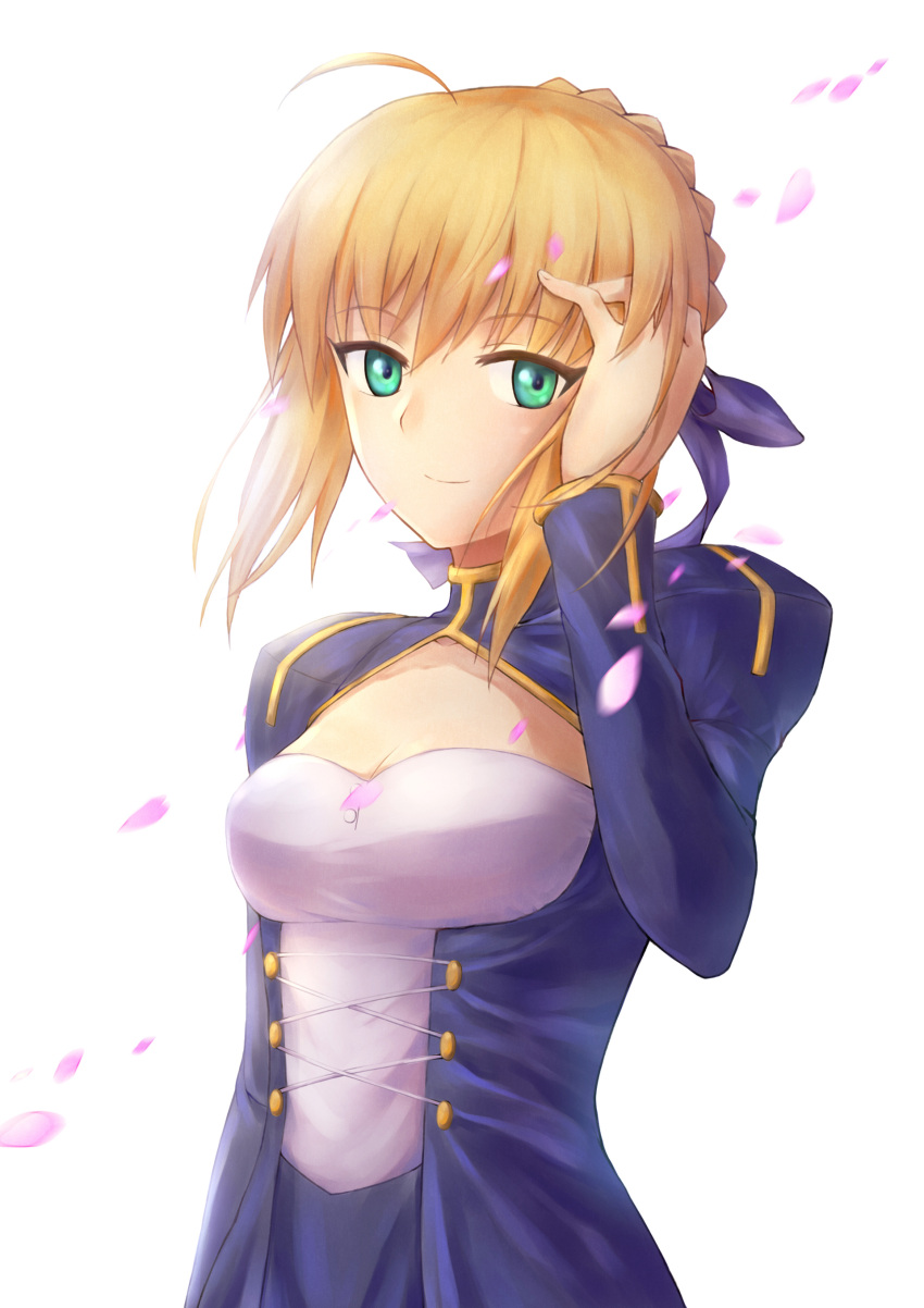 1girl, absurdres, ahoge, arm_up, artoria_pendragon_(all), blonde_hair, blue_ribbon, blush