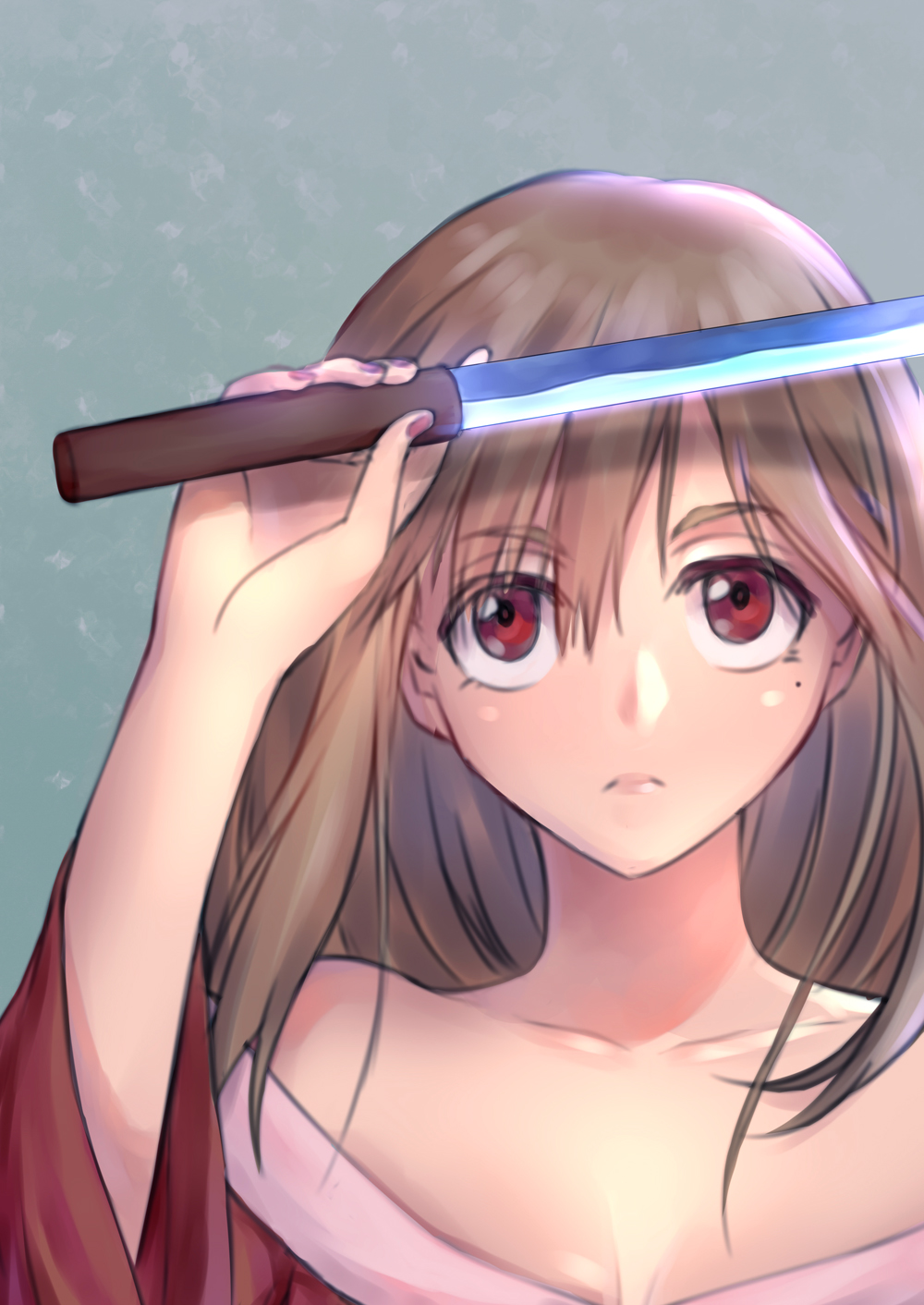 1girl, breasts, brown_hair, cleavage, closed_mouth, collarbone, highres, holding