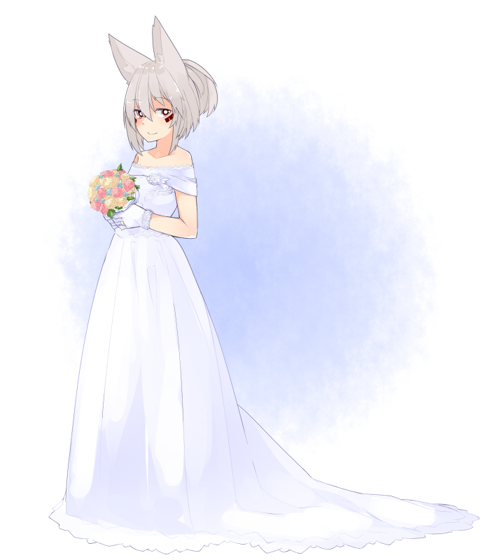 1girl, akasha_(syakoba), animal_ears, blue_background, bouquet, bride, dress, facepaint