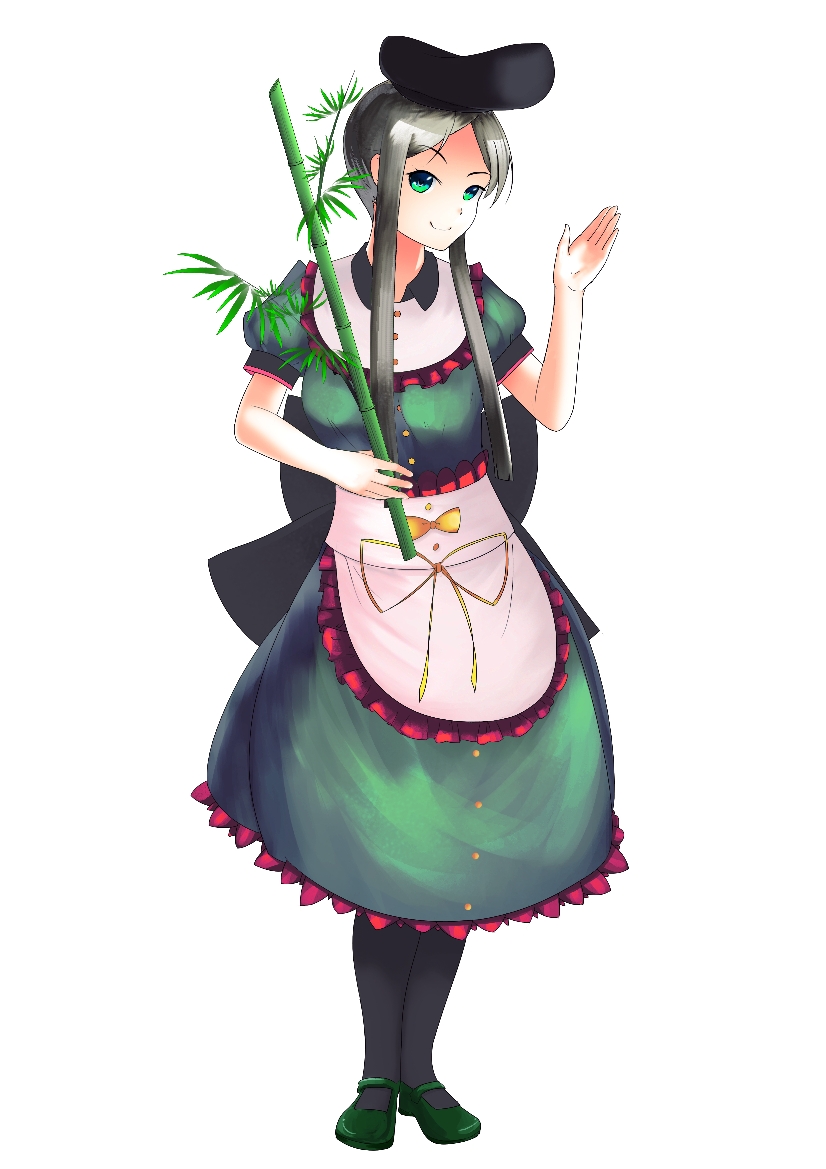apron, bamboo, brown_hair, dl4544, dress, green_dress, green_eyes, hat