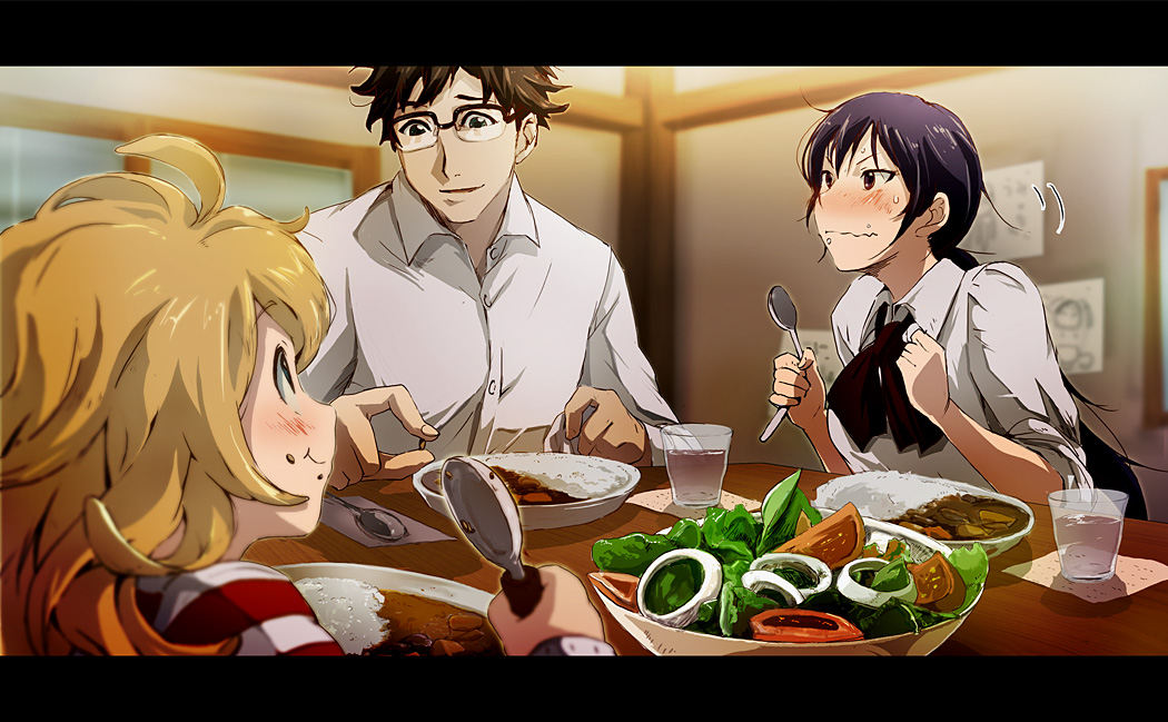 1boy, 2girls, 71, amaama_to_inazuma, black_hair, blonde_hair, blush, brown_hair