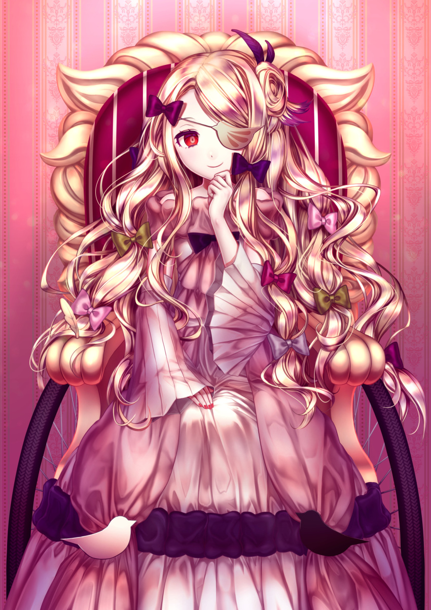 blonde_hair, bow, closed_mouth, daisan_oujo, detached_sleeves, dress, eyepatch, green_bow